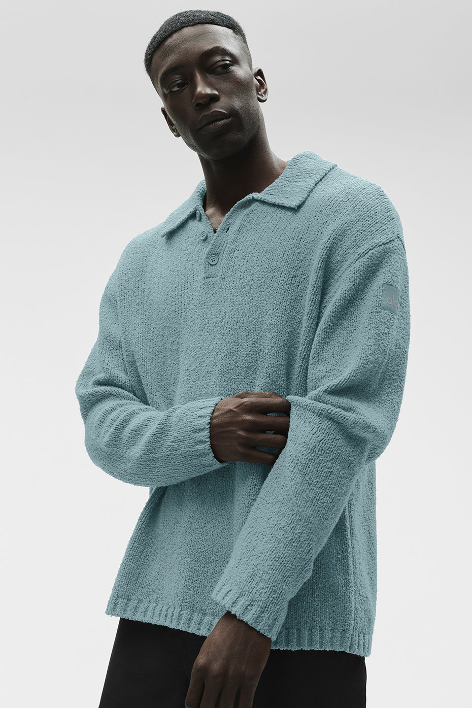 Textured Knit Long Sleeve Polo - Desert Sage - Image 3