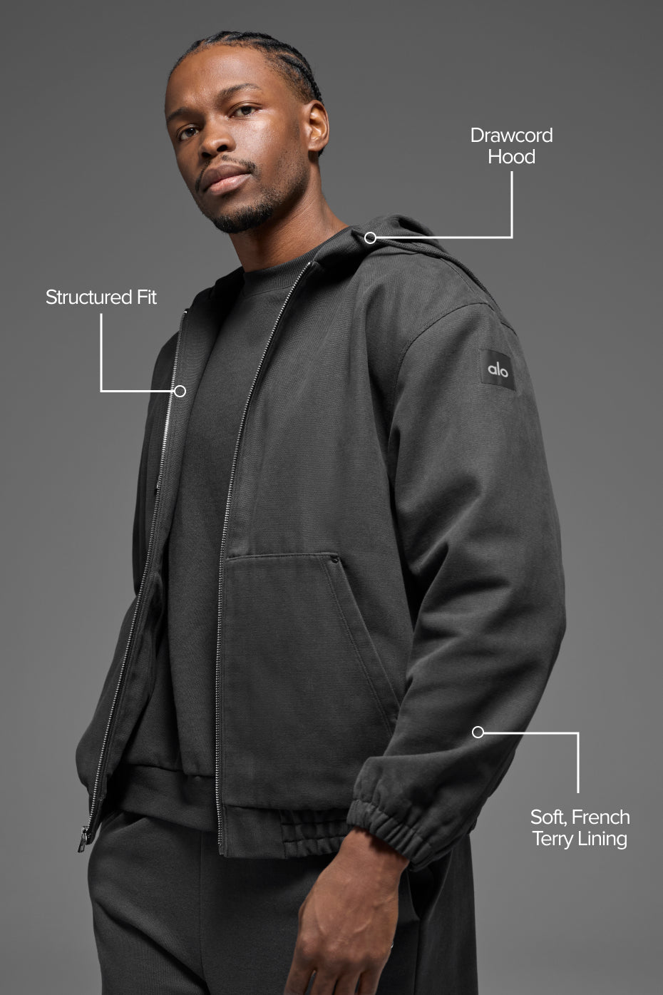 Cotton Canvas Full Zip Hoodie - Anthracite - Image 2