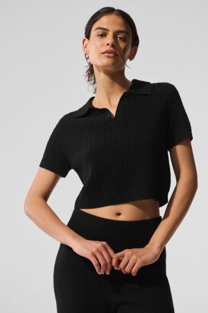 Cashmere Plush Waffle Polo Tee - Black