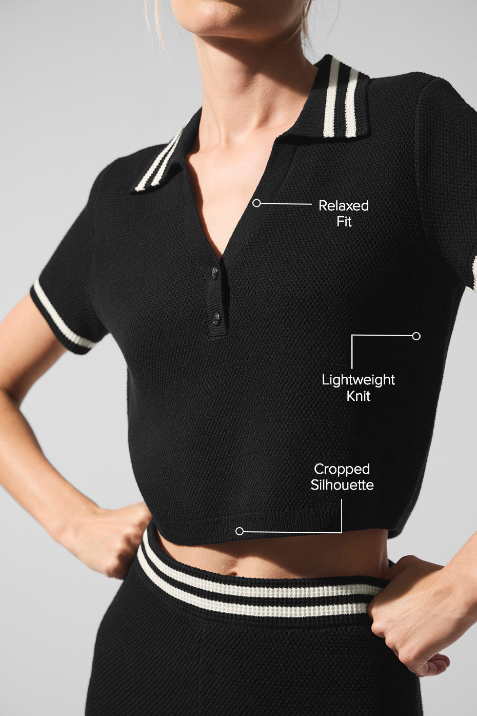 Tennis Club Sweater Knit Cropped Polo - Black/Ivory - Image 2