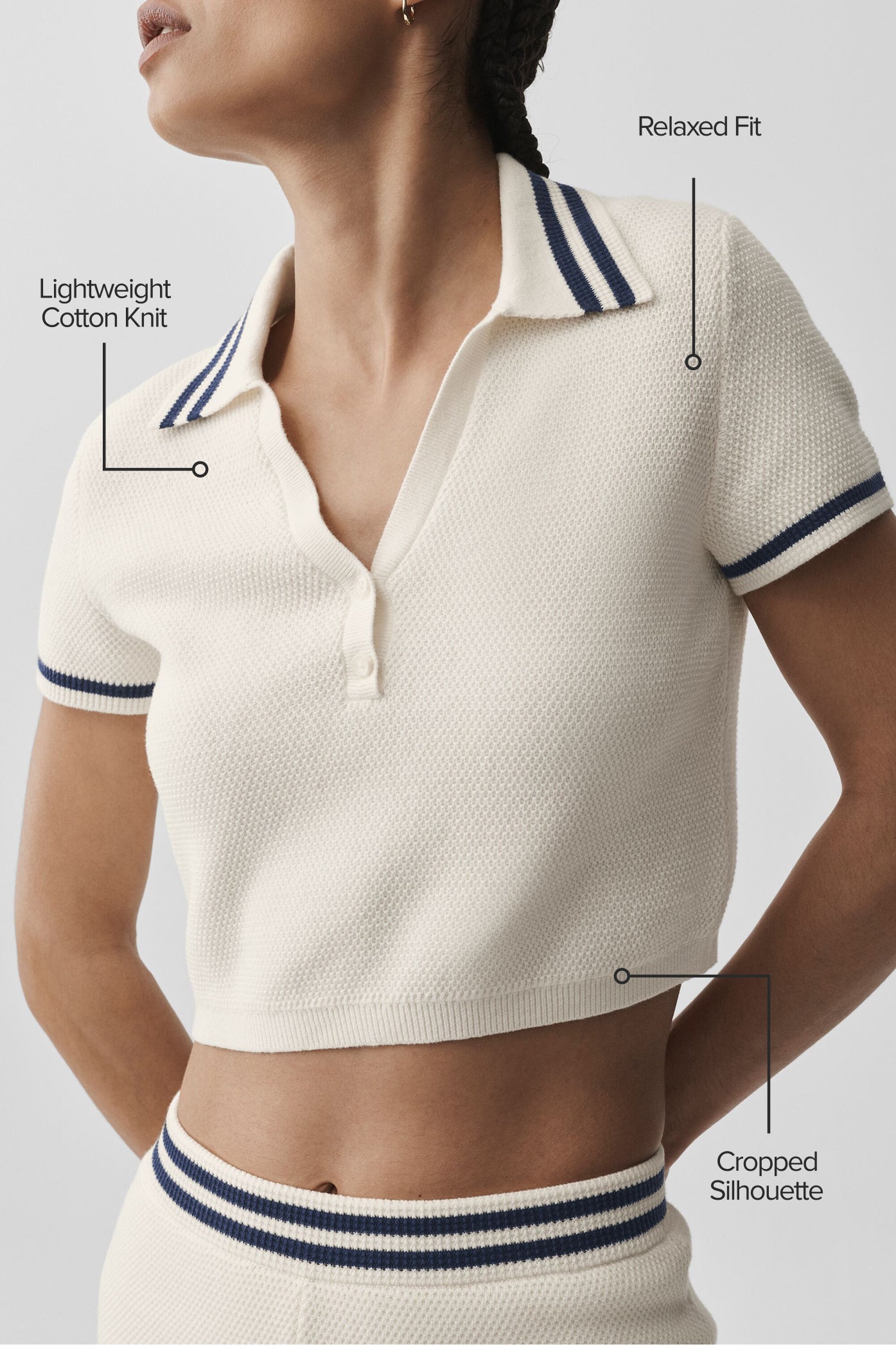 Tennis Club Sweater Knit Cropped Polo - Ivory/Navy - Image 2