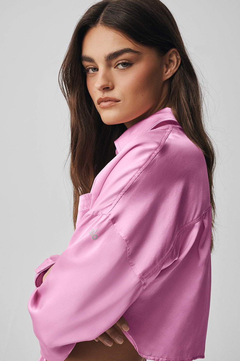 Silk Luminous Cropped Button Down Long Sleeve - Candy Heart Pink - Image 4
