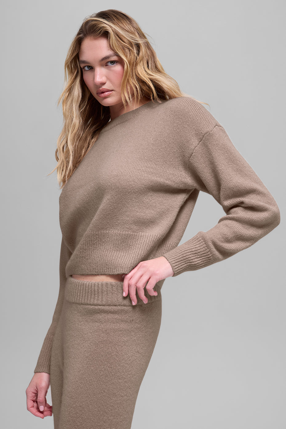 Wool Cashmere Cropped New Class Crewneck Sweater - Chai Latte - Image 3