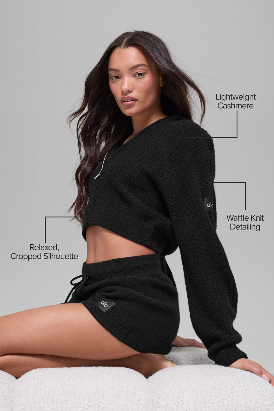 Cashmere Plush Waffle Full Zip Hoodie - Black - Image 2