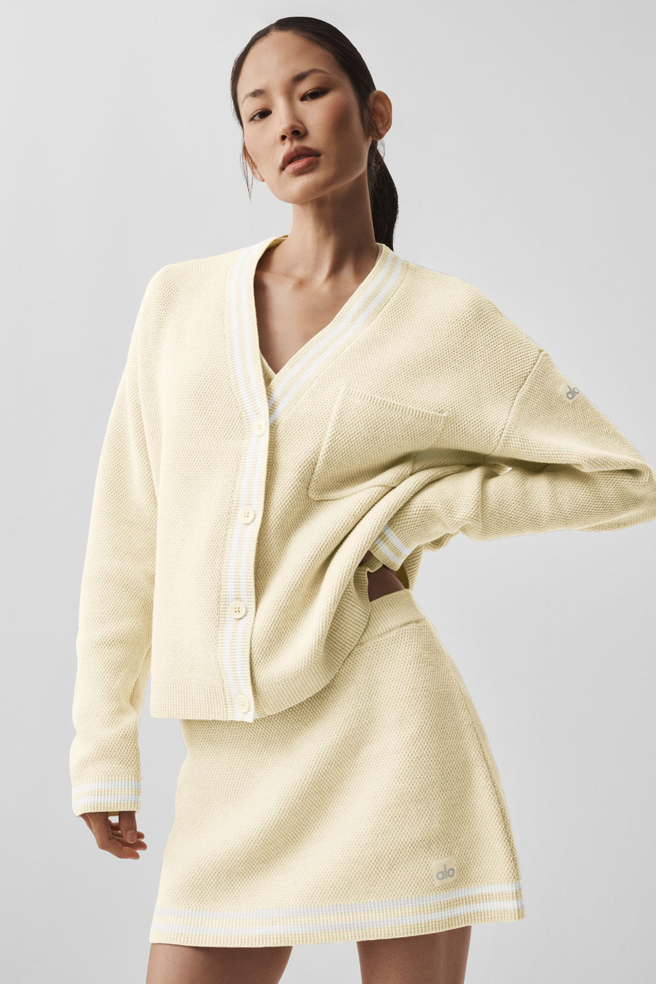 Tennis Club Sweater Knit Cardigan - Oatmeal/White - Image 5