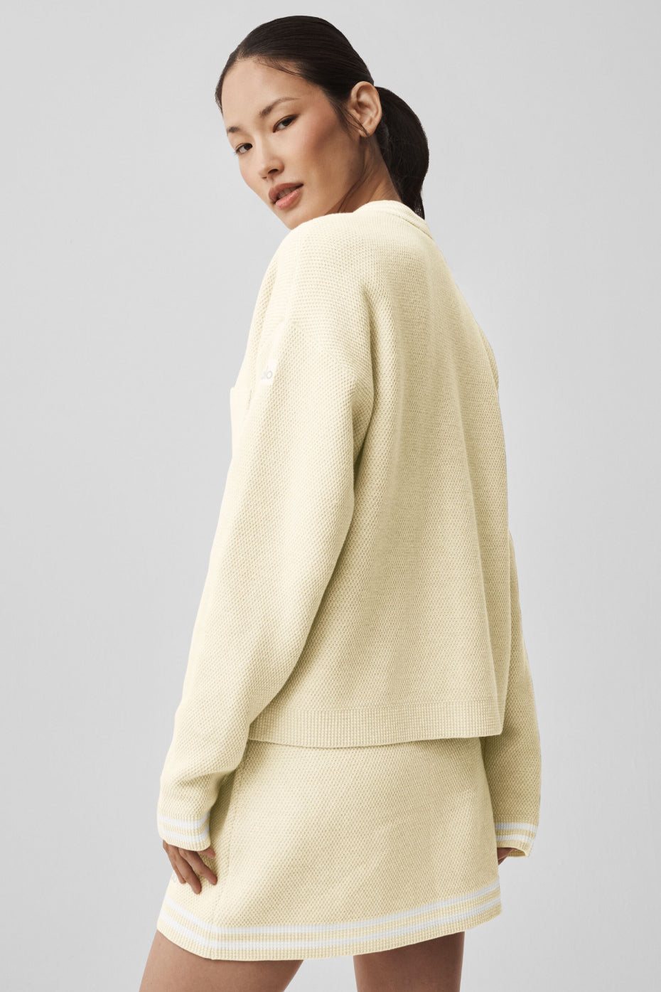 Tennis Club Sweater Knit Cardigan - Oatmeal/White - Image 2