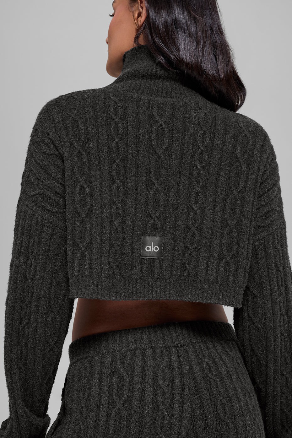 Cable Knit Cropped Winter Bliss Turtleneck Long Sleeve - Dark Heather Grey - Image 6