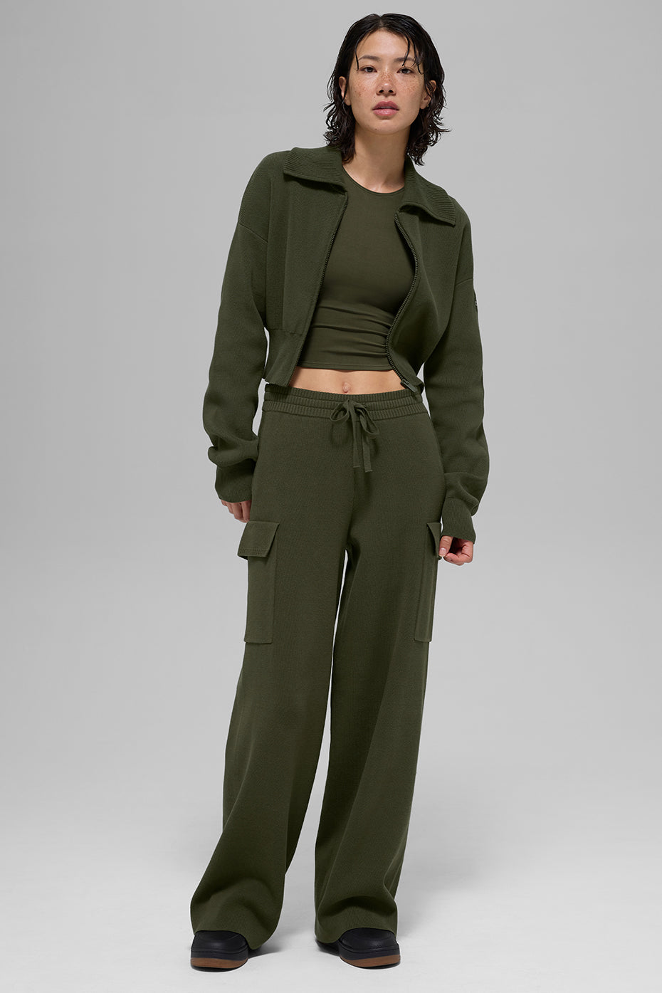 Scholar Knit Cropped Full Zip Jacket - Green Olive - Image 5