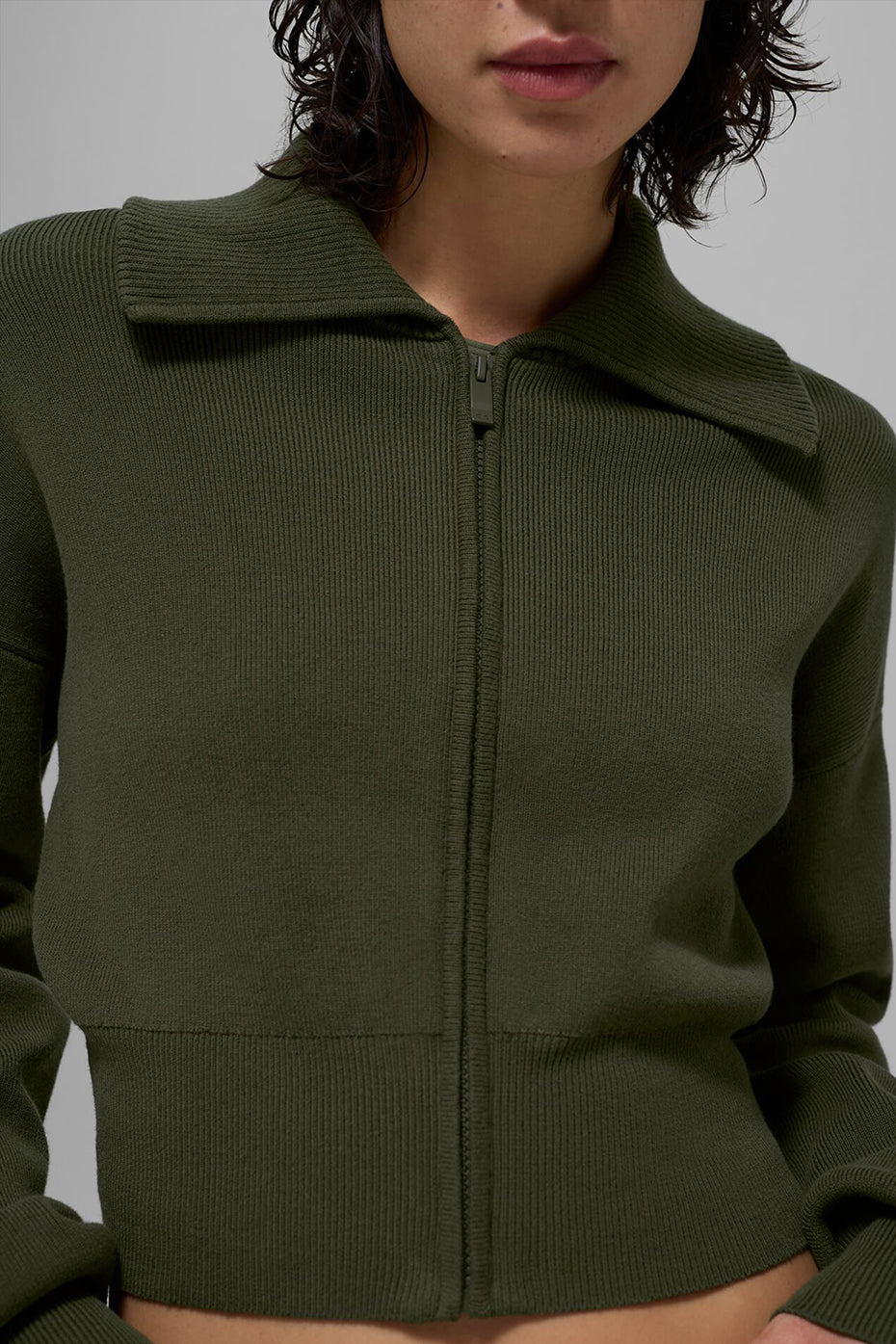 Scholar Knit Cropped Full Zip Jacket - Green Olive - Image 2