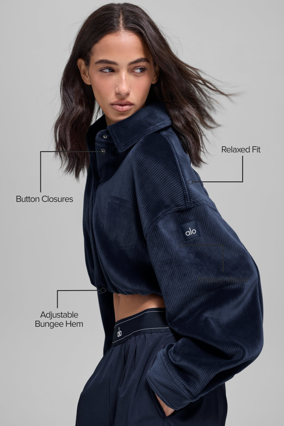 Ribbed Velour Cropped Mountain Side Jacket - Navy - Image 2
