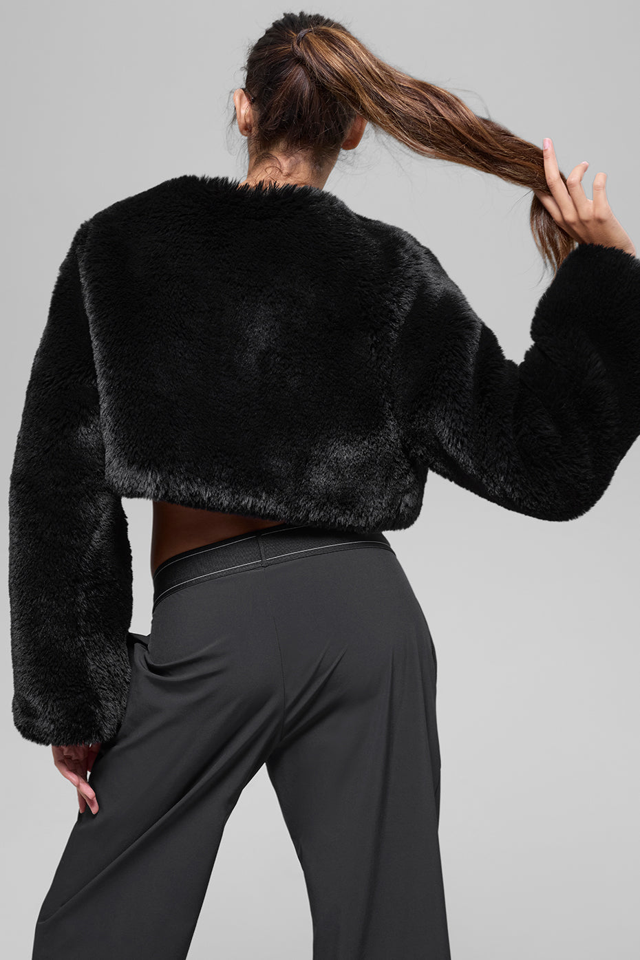 Faux Fur Chic Cropped Jacket - Black - Image 3
