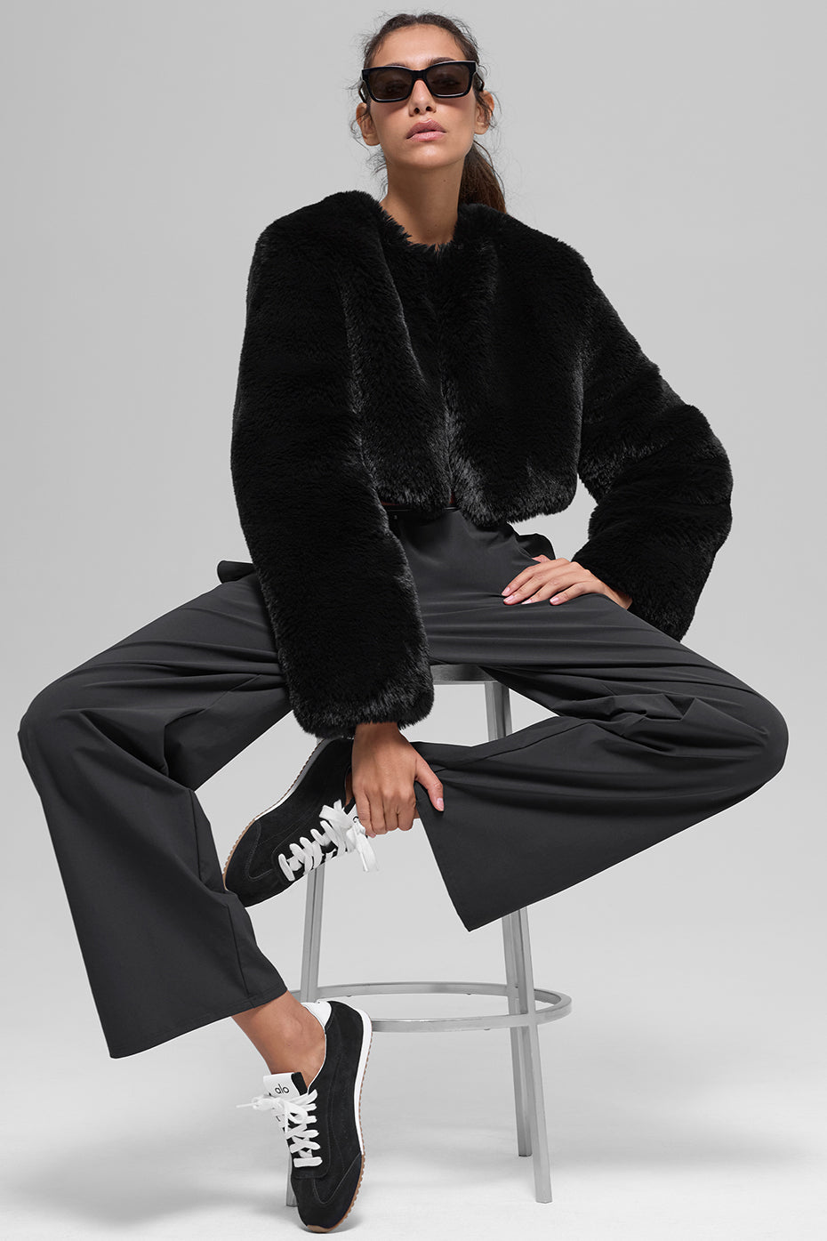 Faux Fur Chic Cropped Jacket - Black - Image 4