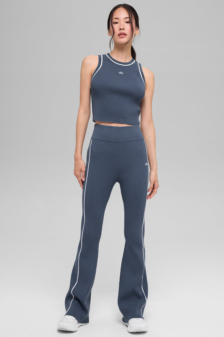 Ribbed Sweater Knit Highline Flare Pant - Bluestone/White - Image 6