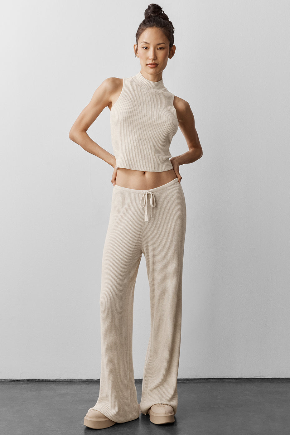 Sweater Knit Mid-Rise Unwind Wide Leg Pant - Oatmeal Heather - Image 5