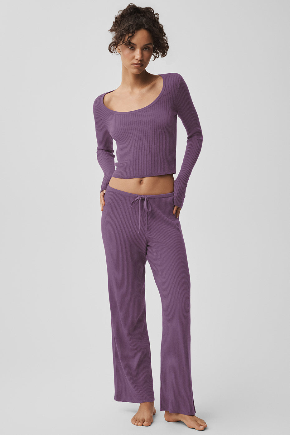 Sweater Knit Mid-Rise Unwind Wide Leg Pant - Plum Kiss - Image 5