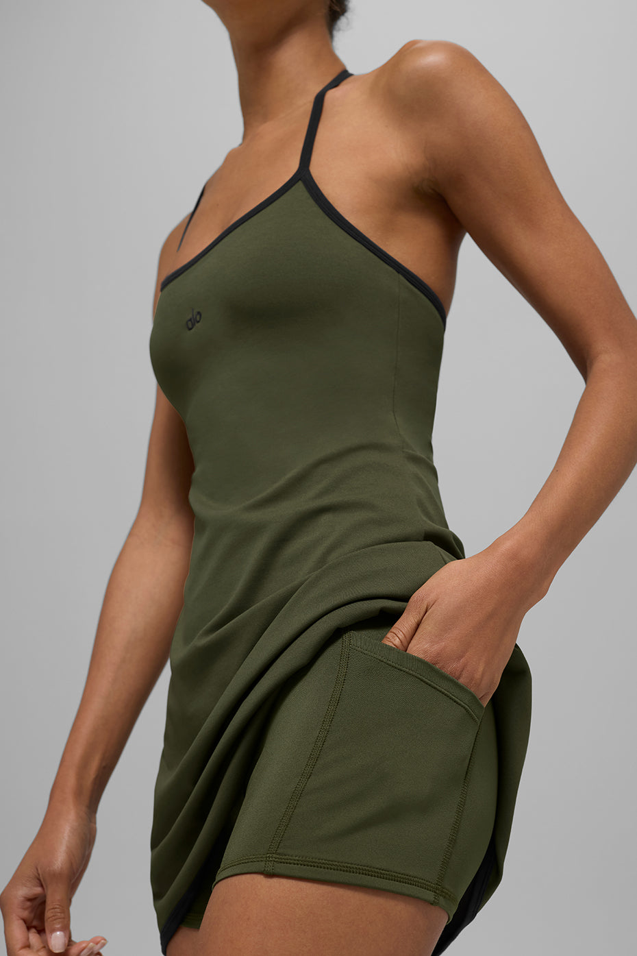 ALO Softsculpt Halter Tennis Dress - Green Olive/Black - Image 2
