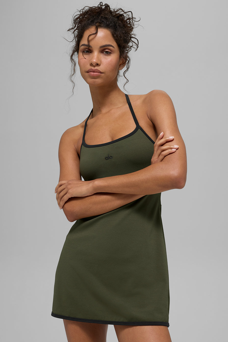 ALO Softsculpt Halter Tennis Dress - Green Olive/Black - Image 6